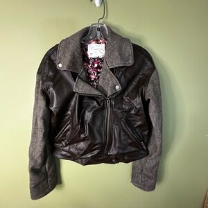 Anthropologie Sz XXS Faux‎ Leather Jacket Brown Moto Cropped Lined Edgy Chic